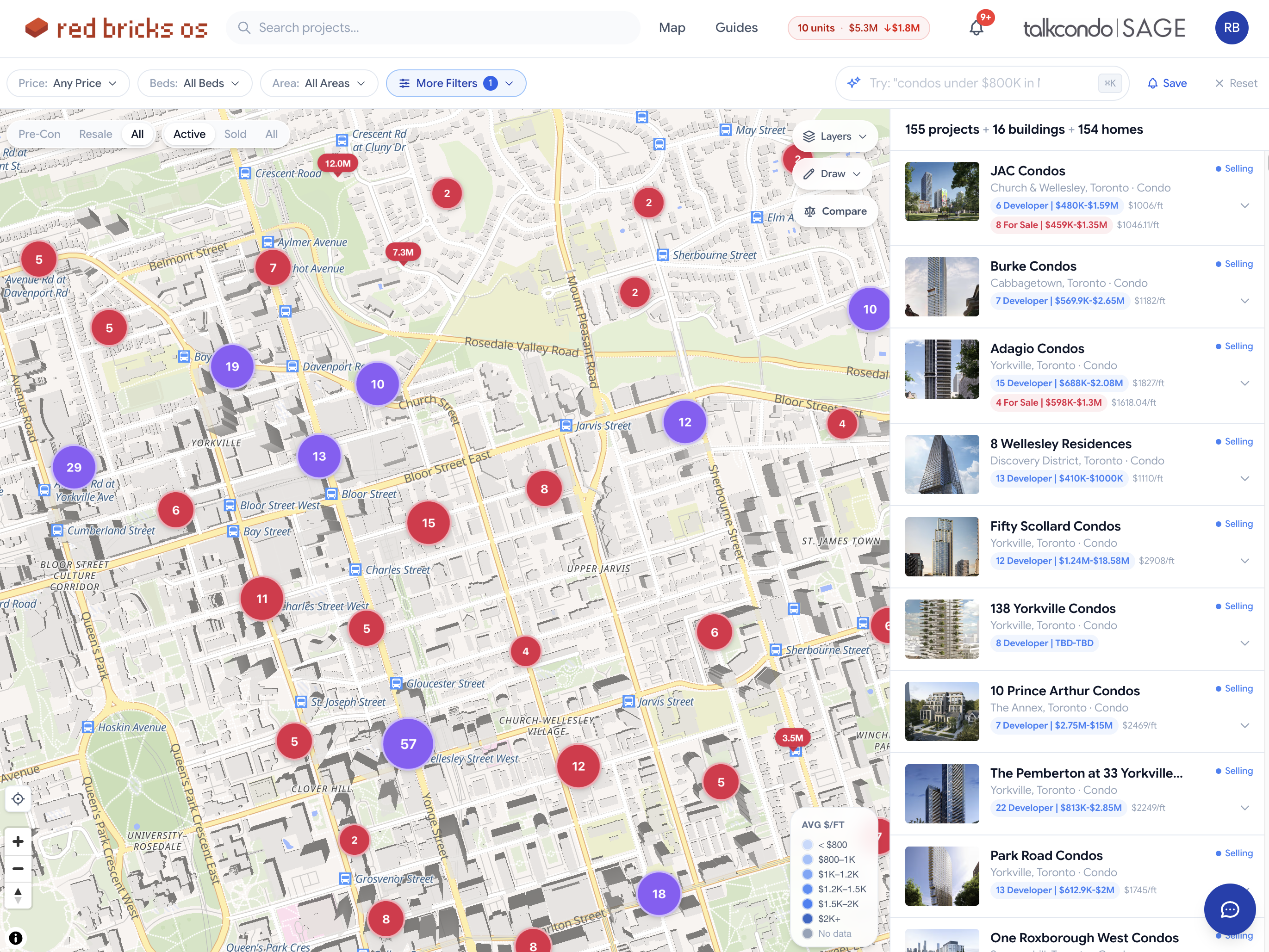 rbOS desktop map view — 155 projects, 16 buildings, 154 homes across downtown Toronto