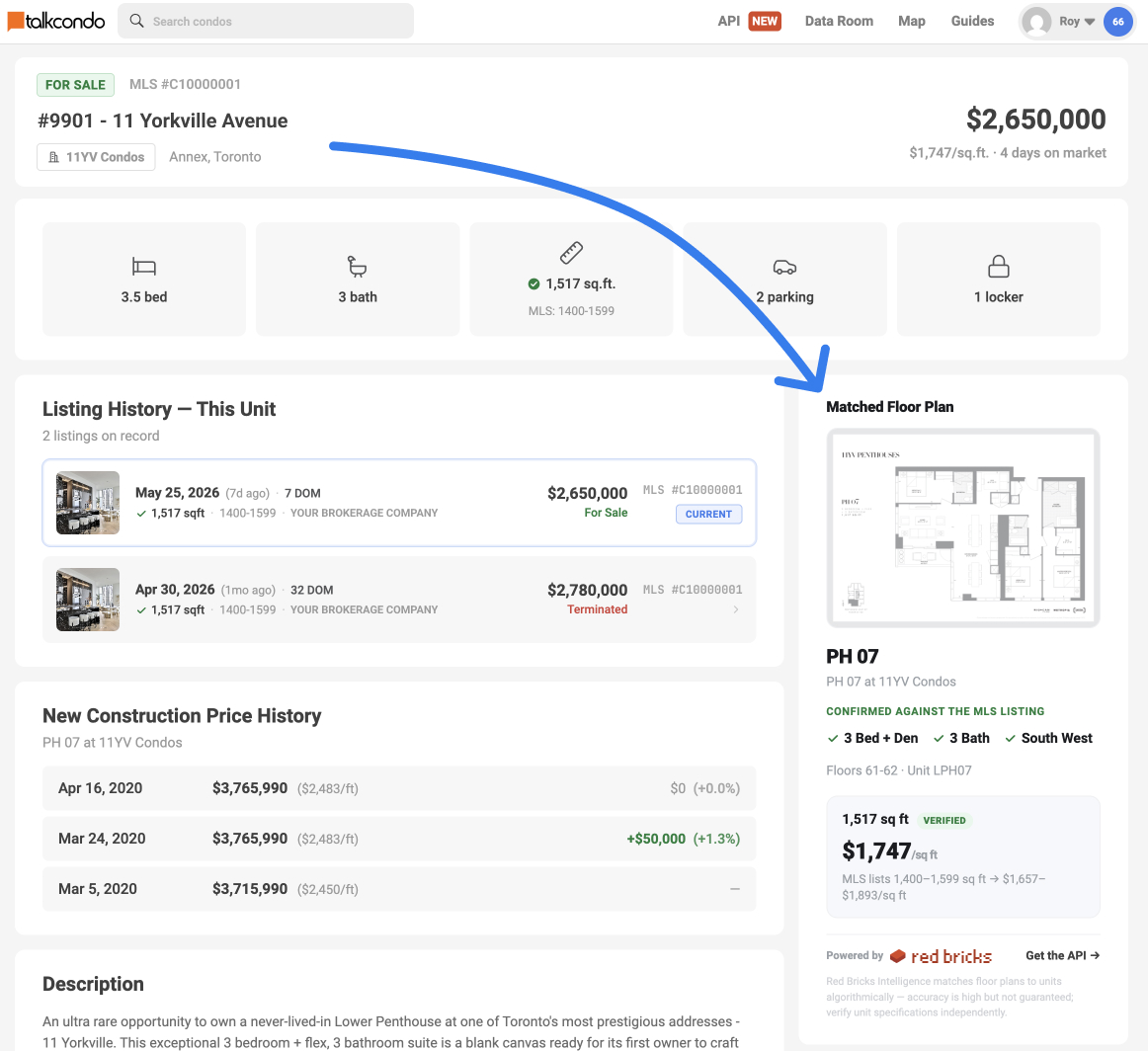 A condo listing with Floor Plan Match — the original developer floor plan (PH 07) auto-attached and the exact 1,517 sq ft unit size reconciled, confirmed against the listing