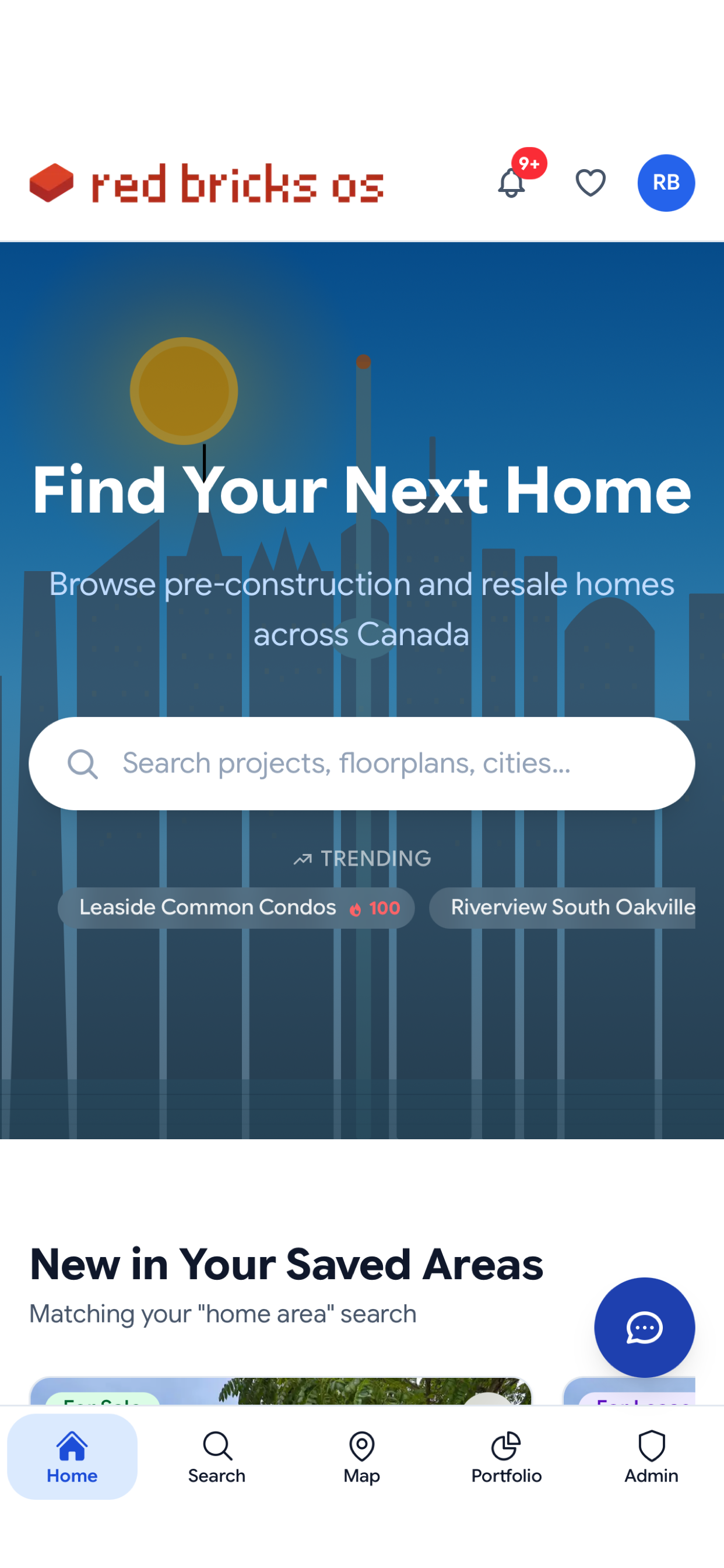 rbOS home screen on mobile — search bar, trending projects, saved areas